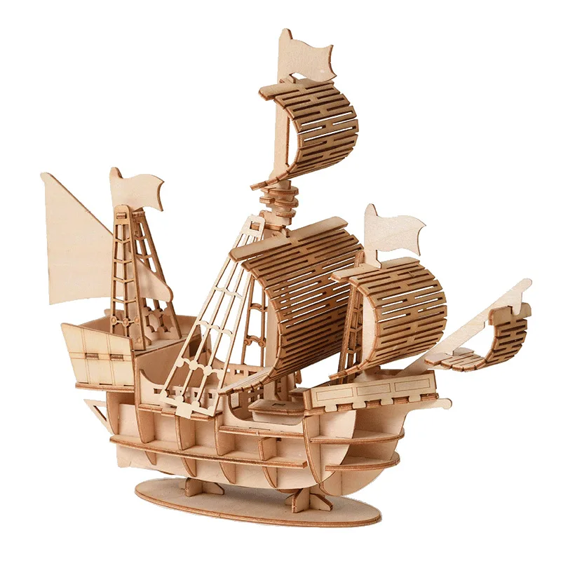 3D Wooden Mechanical Puzzle Marble Run - 3D Sailboat Wooden Puzzle Assembly Model