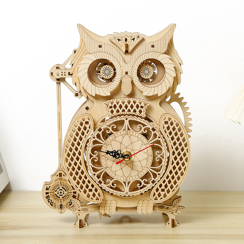 Wooden Clock Puzzle Mechanical Pendulum - DIY Wooden Owl Pendulum Clock Model,