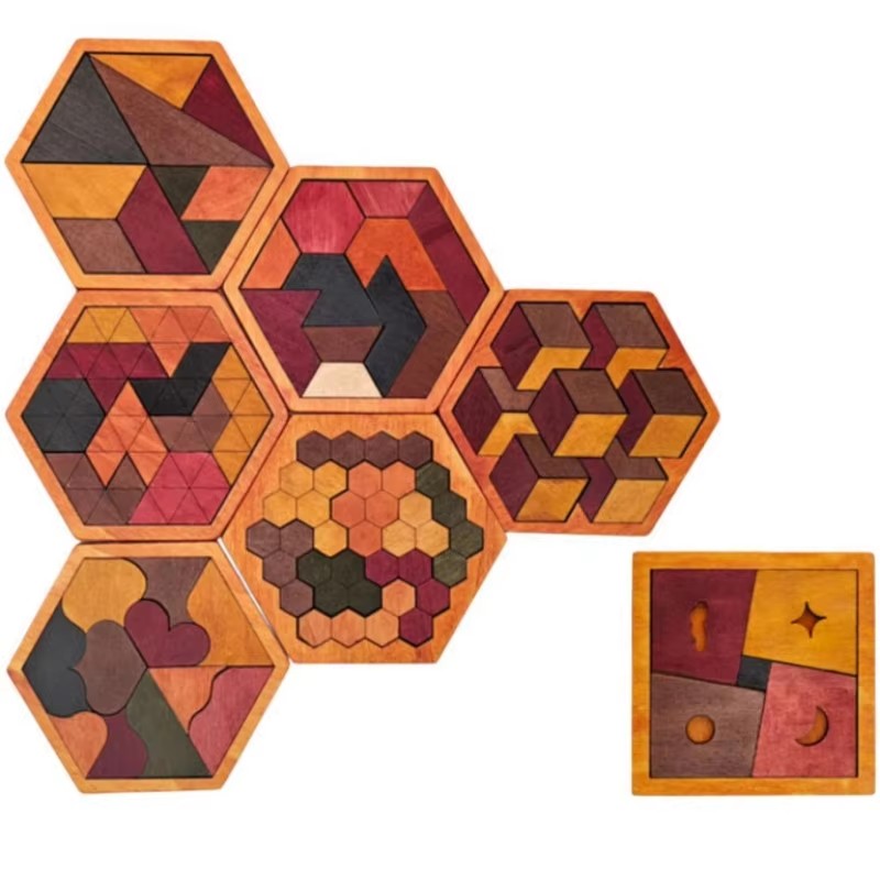 3D Wooden Mechanical Puzzle Marble Run - Wooden Hexagonal Tangram Puzzle Geometric Shape