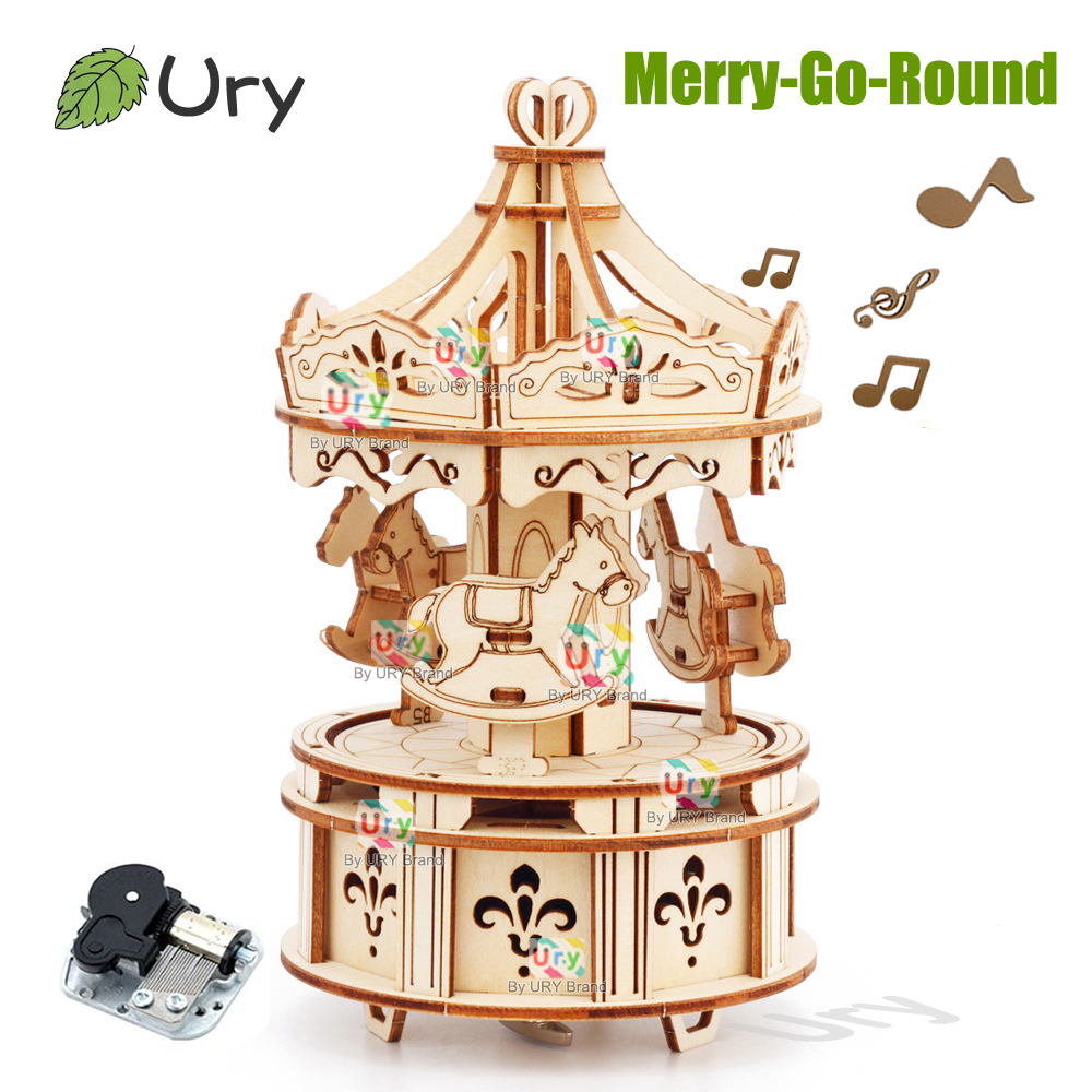 Rotatable DIY 3D Puzzles Carou - Music Box Wooden 3D Puzzle Rotating 评论和价格