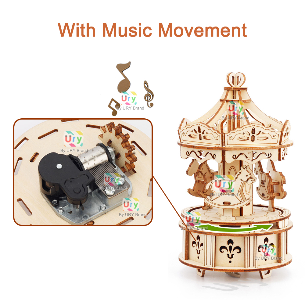 Rotatable DIY 3D Puzzles Carou - Music Box Wooden 3D Puzzle Rotating 评论和价格